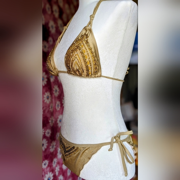 Handmade Columbian Embroidered and Beaded bikini. Sz. M. New. Gold - Picture 9 of 9